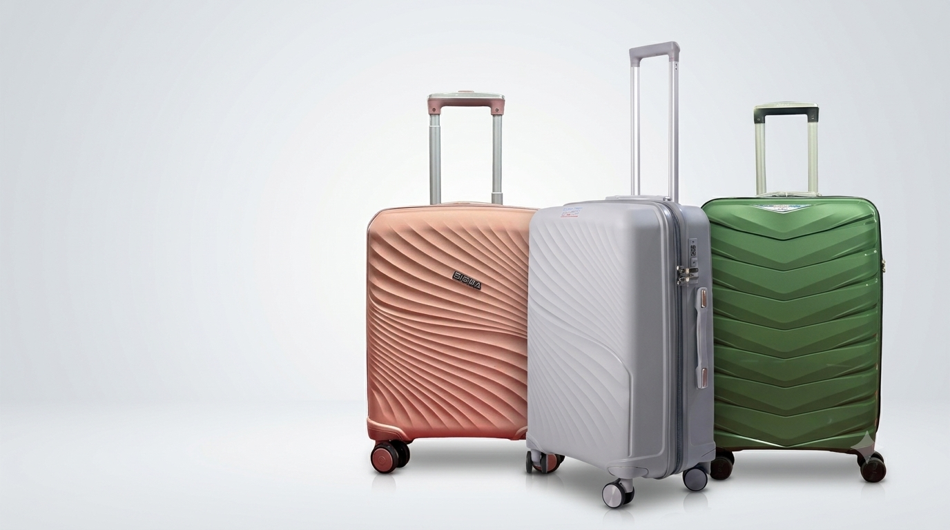Sigma luggage collection — pink, grey and green cabin suitcases together in a studio shot
